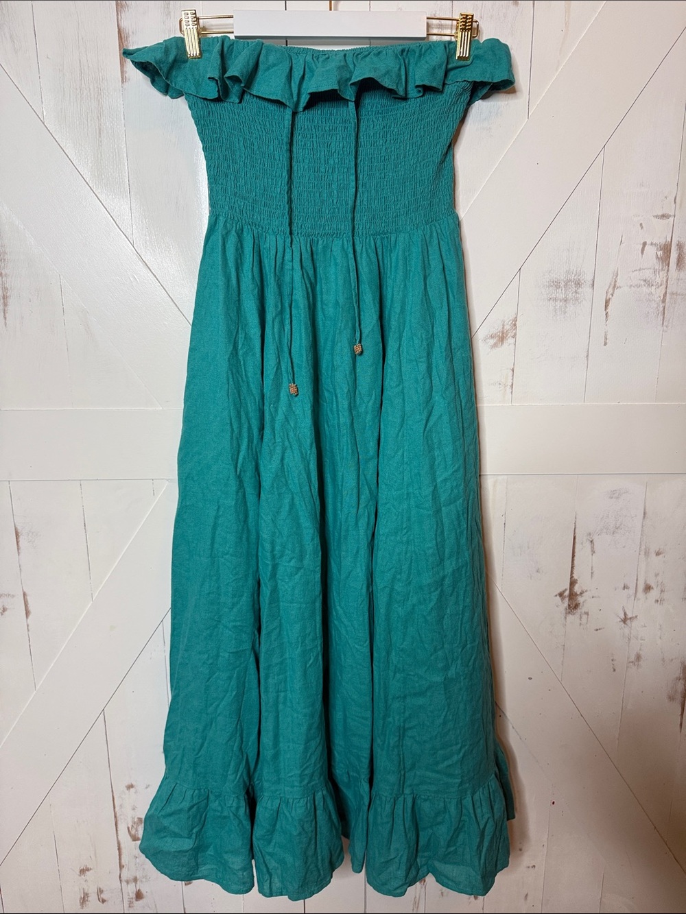 Free People Lush Life Linen Blend Strapless Ruffle Smocked Maxi Dress - Teal - Picture 5 of 11